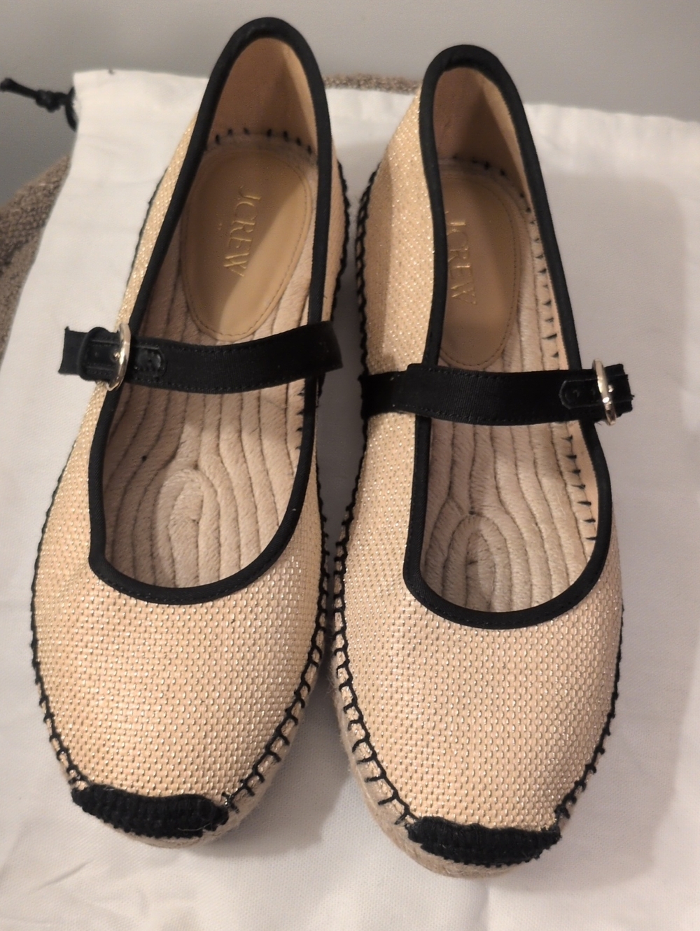 J. Crew Woven Metallic Mary Jane Espadrille with Black Trim SZ
